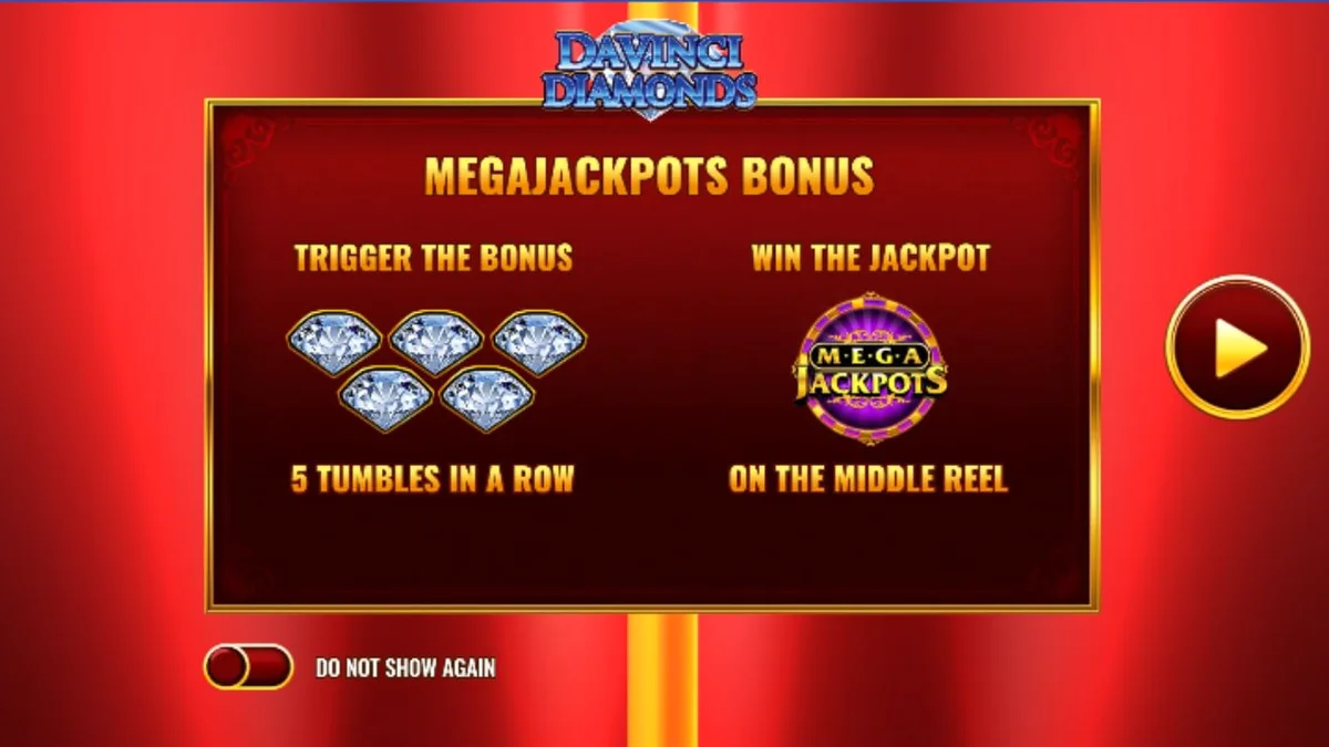 Isang visual na representasyon ng Mega Jackpot DaVinci Diamonds slot na may mga kumikinang na hiyas at sining.