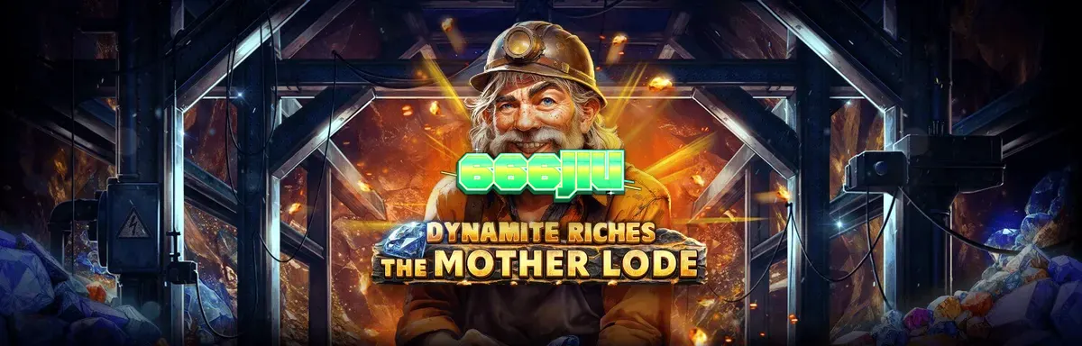 Isang visual na representasyon ng Dynamite Riches The Mother Lode slot na may mga gintong elemento at mga simbolo ng minahan.